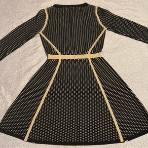 Club Monaco Black Knit Long-Sleeve Fit-and-Flare Dress with Cream Trim